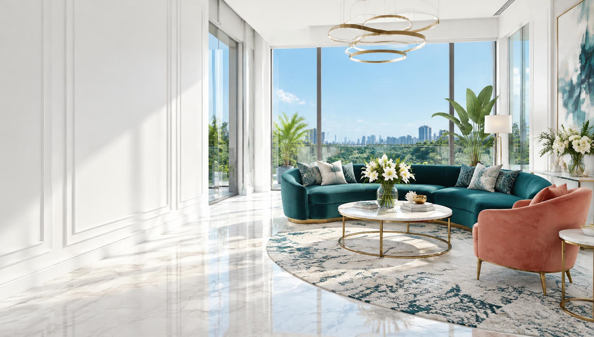 Luxury living room design inspiration with teal velvet seating, marble and sunlit windows